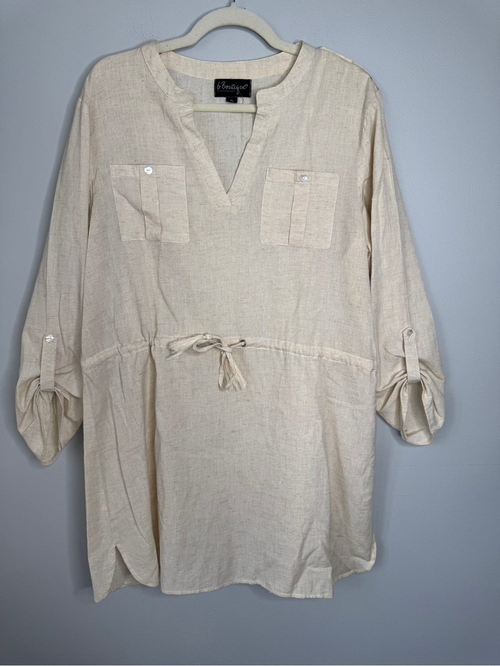Cream Drawstring V-Neck Tunic Blouse
